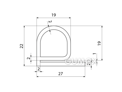 "e" Silikonprofil mit Loch, 22x27/1mm, 50°ShA, -60°C/+180°C, transparent, 
